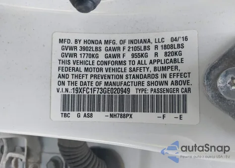 2016 Honda Civic Ex-L from USA, damaged, VIN 19XFC1F73GE020949